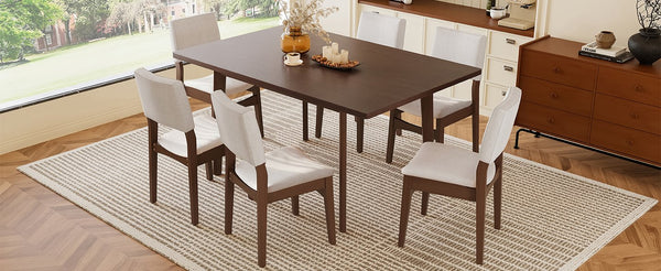 English Elm 7-piece Rectangular Rubberwood Dining Set with Six Linen Upholstered Stackable Chairs Dark Walnut N752S000018D