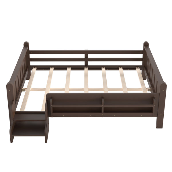 English Elm Twin Pine Floor Bed for Kids with Side Bookcases Built-in Stairs and Safety Guardrails Espresso W1580P390226