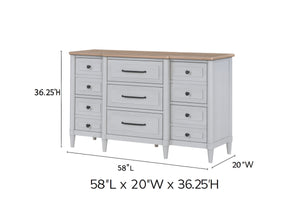 English Elm Small Teen Dresser with Cement & Sand Finish — Solid Wood Seven-Drawer Storage, Mindi Veneer Elegance White 61 L x 23.25 W x 35 H B2699P386483