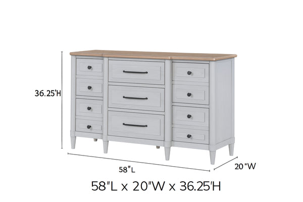English Elm Small Teen Dresser with Cement & Sand Finish — Solid Wood Seven-Drawer Storage, Mindi Veneer Elegance White 61 L x 23.25 W x 35 H B2699P386483
