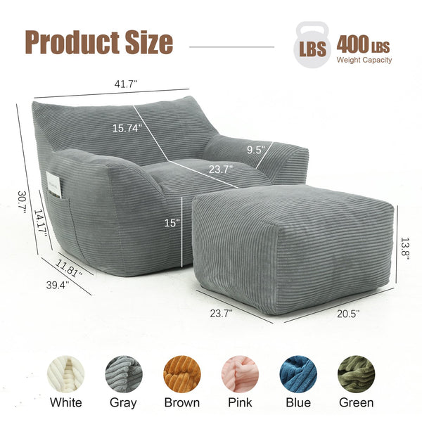 English Elm Bean Bag Chair with Armrests Shredded Foam Fill Oversized Lounge Seat for Adults Gray W5385P440000