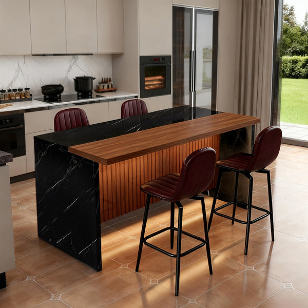 English Elm 63-Inch Modern Kitchen Island Set With 4 Bar Stools, Black Marble Surface & Led Lighting For Dining W2699S00067