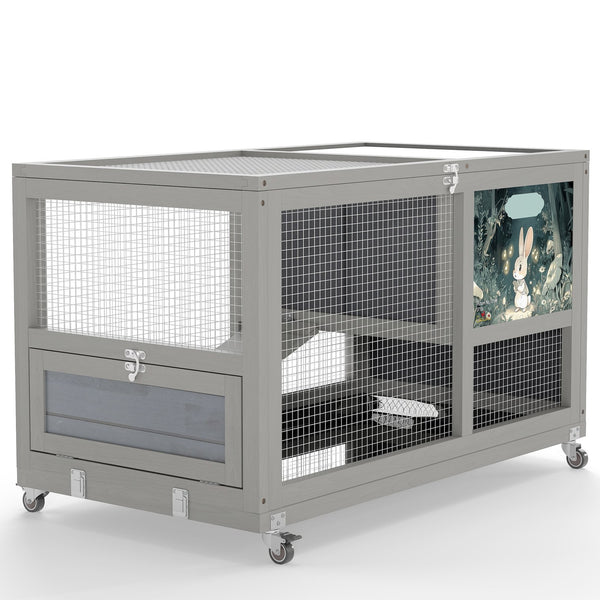 English Elm 2-tier Pine Rabbit Hutch on Wheels with Ramp Removable Tray and Openable Roof W2181P356045