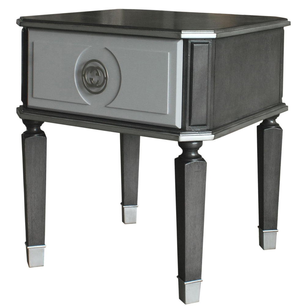 English Elm Charcoal End Table with 1 Drawer, 2/3 Glide, Silver Trim & Tapered Legs — Stylish Storage Accent B062P185733