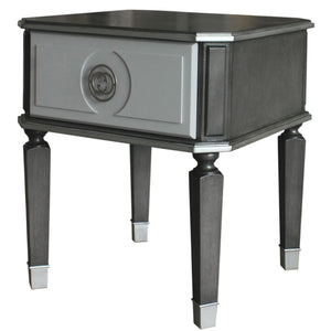 English Elm Charcoal End Table with 1 Drawer, 2/3 Glide, Silver Trim & Tapered Legs — Stylish Storage Accent B062P185733