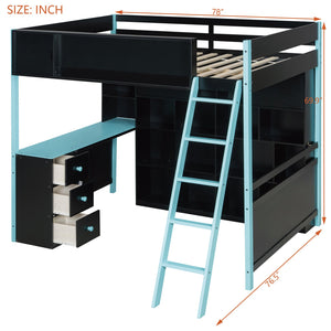 English Elm Full Size Gaming Loft Bed with Led Lighting Desk Drawers and Display Shelving Blue LT000263AAC