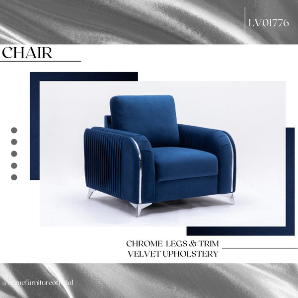 English Elm Wenona Blue Velvet Chair - Luxurious Accent Seating With Chrome Accents For Modern Living Spaces B2726S00011-GIGA