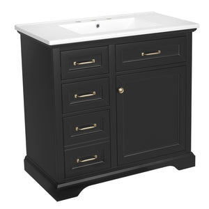 English Elm 36-Inch Modern Bathroom Vanity with Ceramic Basin, 4 Drawers & Soft-Close Door, Pre-Drilled Faucet Ready, Durable MDF and Solid Wood Construction (36"L x 18.3"W x 33.4"H) Black N725P296118B