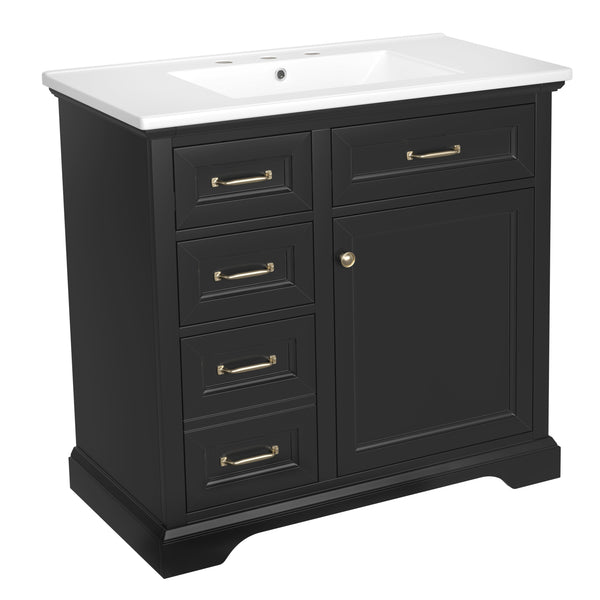 English Elm 36-Inch Modern Bathroom Vanity with Ceramic Basin, 4 Drawers & Soft-Close Door, Pre-Drilled Faucet Ready, Durable MDF and Solid Wood Construction (36"L x 18.3"W x 33.4"H) Black N725P296118B