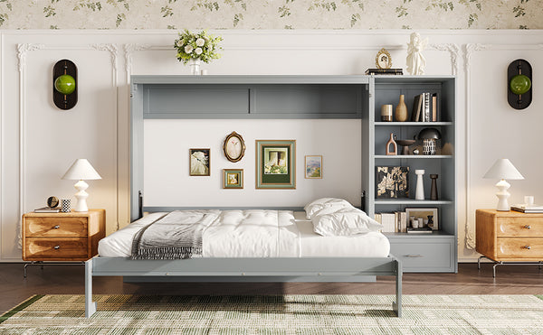 English Elm Queen Murphy Bed with Built-In Shelves, Height-Adjustable Storage & Drawer for Small Spaces Gray 71.6 L x 21.5 W x 6.1 H N733S309223E