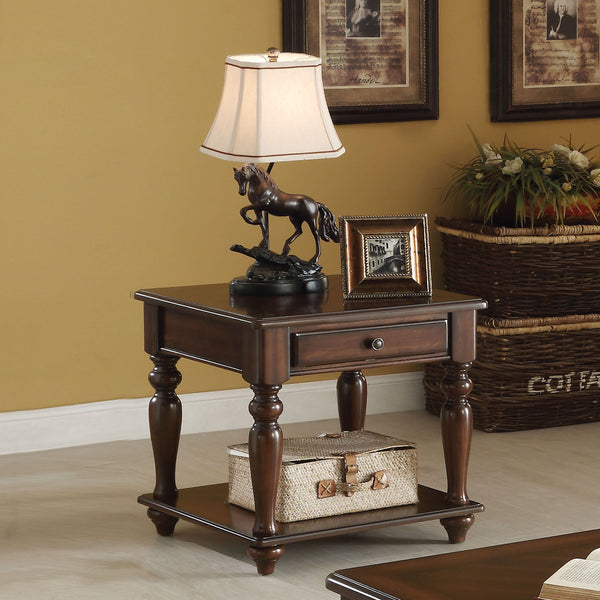 English Elm Walnut Parquet Top End Table with Turned Legs, Single Drawer & Lower Shelf for Classic Charm (98) B062P209076