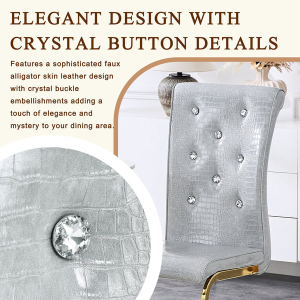 English Elm Set of 2 Glam Faux Alligator Pvc Dining Chairs with Crystal Buckle Bow Legs Gray W3875P371040
