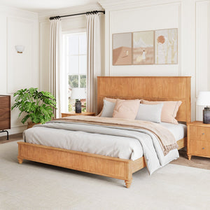 English Elm Solid Rubberwood Queen Platform Bed Tall Headboard Vertical Grain No Box Spring W5819S00003