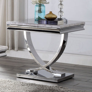English Elm 1pc End Table Luxe Faux Marble Top with Beveled Edge, Interlocking Pedestal Base, Sleek Metal Finish, 23" Height, Elegant Accent Piece Chrome 28 L x 27 W x 4 H B2741S00431