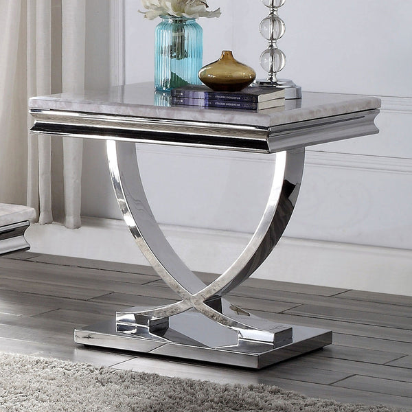 English Elm 1pc End Table Luxe Faux Marble Top with Beveled Edge, Interlocking Pedestal Base, Sleek Metal Finish, 23" Height, Elegant Accent Piece Chrome 28 L x 27 W x 4 H B2741S00431