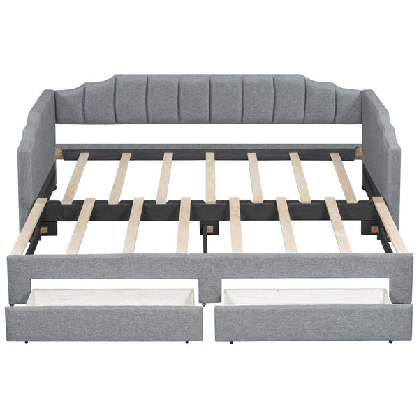 English Elm Twin Extendable Upholstered Daybed with Two Storage Drawers, LED Light, Slat Kit Included for Guests Gray N7500002061E