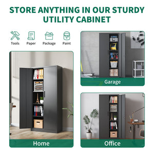 English Elm 72"H Metal Garage Storage Cabinet Black – Locking 3-Point Steel Cabinet with 4 Adjustable Shelves, Anti-Tip Safety T2398P152542