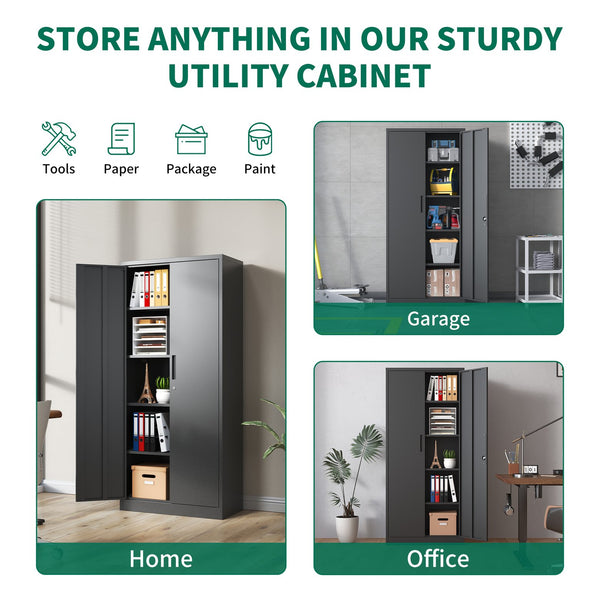 English Elm 72"H Metal Garage Storage Cabinet Black – Locking 3-Point Steel Cabinet with 4 Adjustable Shelves, Anti-Tip Safety T2398P152542