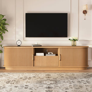 English Elm Vintage Farmhouse Media Console with Slatted Sliding Doors and Brass Hardware for Living Room Natural N721P427206D