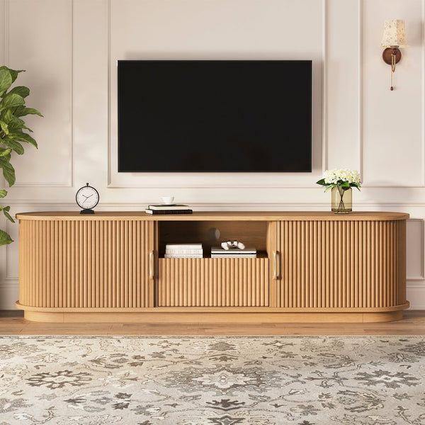 English Elm Vintage Farmhouse Media Console with Slatted Sliding Doors and Brass Hardware for Living Room Natural N721P427206D