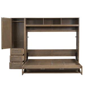 English Elm Full Full Size Murphy Bed with Wardrobe, Drawers & Open Shelves in Antique Wood—Space Saving Solution GX000388AAE