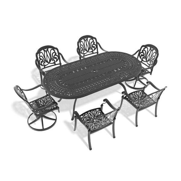 English Elm 7-piece Outdoor Cast Aluminum Oval Dining Set with Ornate Relief and Swivel Chairs W1710S00654