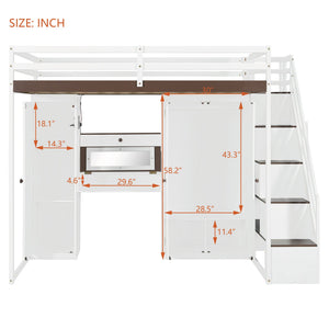 English Elm Full Size Teen Loft Bed with Wardrobe Staircase Storage Dressing Table and Led Lights LT000276AAP