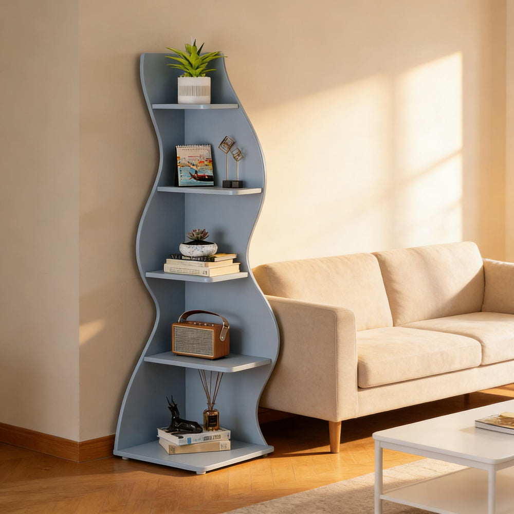 English Elm Stylish Five Tier Corner Bookcase Warm Brown Vintage Display Shelf for Living Room Blue T3971P449611