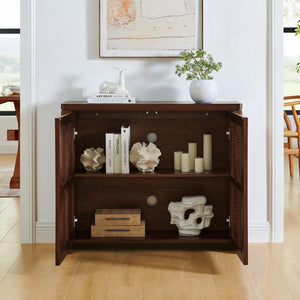 English Elm 39.4" Mid Century Modern Rattan Sideboard Buffet Cabinet with Pop-Up Doors, Charging Holes, Stylish Storage Walnut W1801P362142