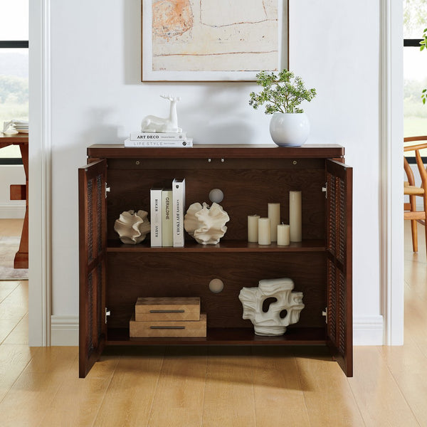 English Elm 39.4" Mid Century Modern Rattan Sideboard Buffet Cabinet with Pop-Up Doors, Charging Holes, Stylish Storage Walnut W1801P362142