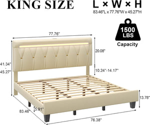 English Elm King Bed Frame With Adjustable Headboard, Led Lighting & Usb Charging - Upholstered Platform Design T3825P370072
