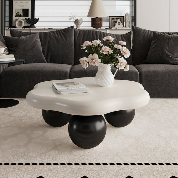 English Elm 35" Cloud Shaped Mdf Coffee Table Sculptural Round Top with Spherical Legs for Modern Living Black White W1435S00028