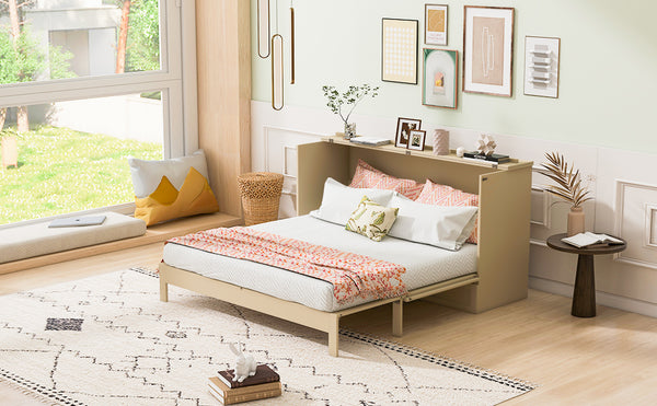 English Elm Full Size Murphy Bed Rattan Cabinet with Storage Drawers and Gold Hardware Gold N708S00009G