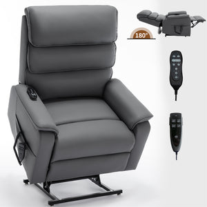 English Elm Dual Motor Power Lift Recliner with Massage Heat and 180 Degree Brown Lounge Chair Grey W1803S00062