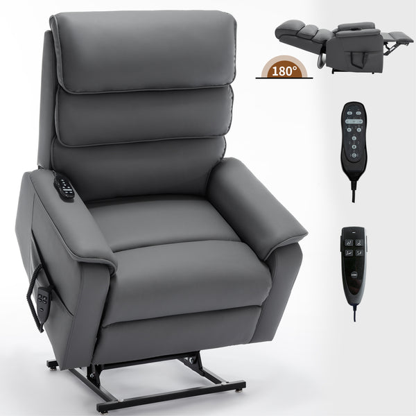 English Elm Dual Motor Power Lift Recliner with Massage Heat and 180 Degree Brown Lounge Chair Grey W1803S00062