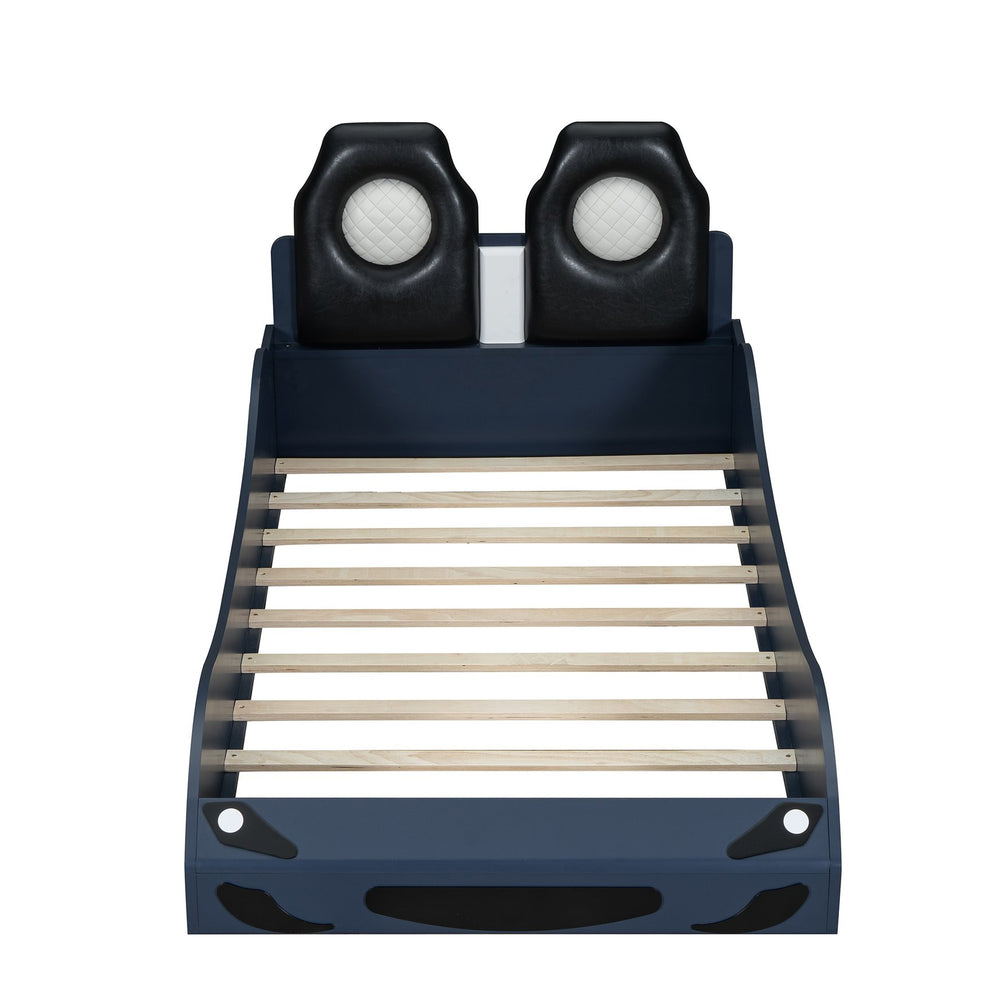 English Elm Wood Twin Race Car Platform Bed with LED Lighting, Upholstered Headrest, Sturdy Pine Build Blue GX002218AAC