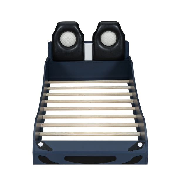 English Elm Wood Twin Race Car Platform Bed with LED Lighting, Upholstered Headrest, Sturdy Pine Build Blue GX002218AAC