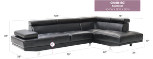 English Elm Riveredge Modern Right-Facing Chaise Sectional with Adjustable Arm & Headrest, Chrome Legs, PU Comfort Black 21 L x 76 W x 34 H B078S00400