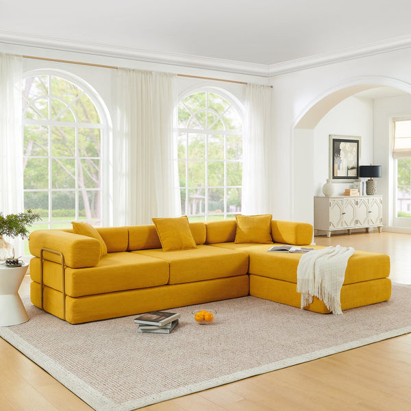 English Elm 108'' Modular Cloud Sectional Corduroy Couch with Fold Flat Backrest for Living Rooms Yellow W1117S00293