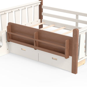 English Elm Twin Kids Platform Bed with Trundle Staircase Bookshelf and Rounded Safety Rails Beige W1580S00539