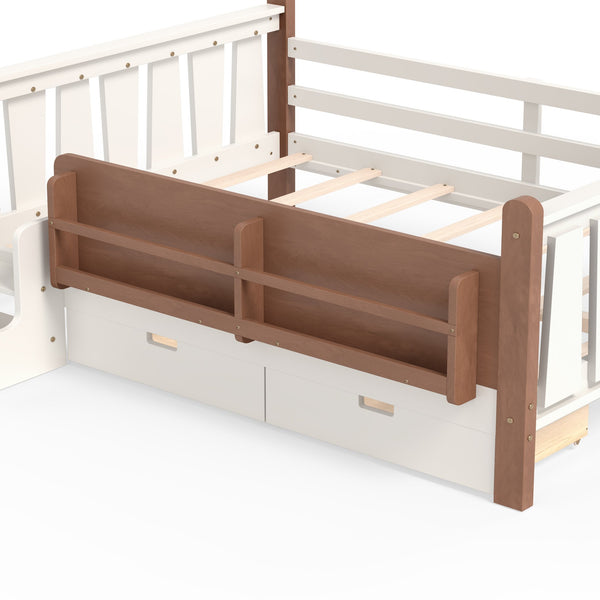 English Elm Twin Kids Platform Bed with Trundle Staircase Bookshelf and Rounded Safety Rails Beige W1580S00539