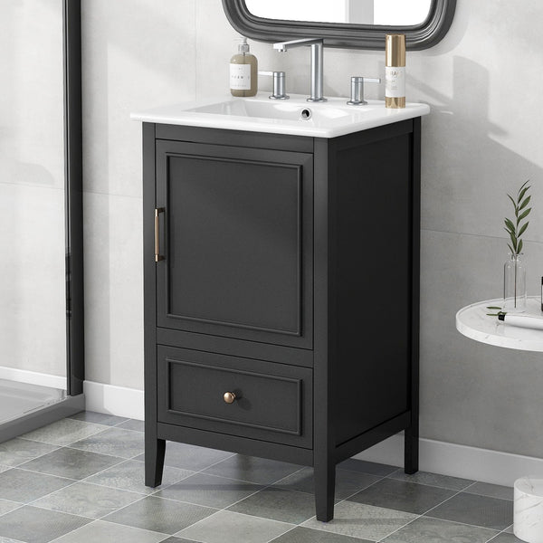 English Elm 20" Bathroom Vanity with Sink and Ceramic Top, Modern Freestanding Cabinet with Drawer & Shelf Storage, Adjustable Feet for Stability and 200lb Capacity Black N725P192821B