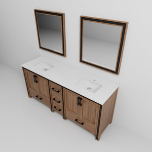 English Elm Rustic Barnwood Double Bath Vanity 80" W with White Quartz Top, Soft-Close Storage & 30" Mirrors B2731S00918