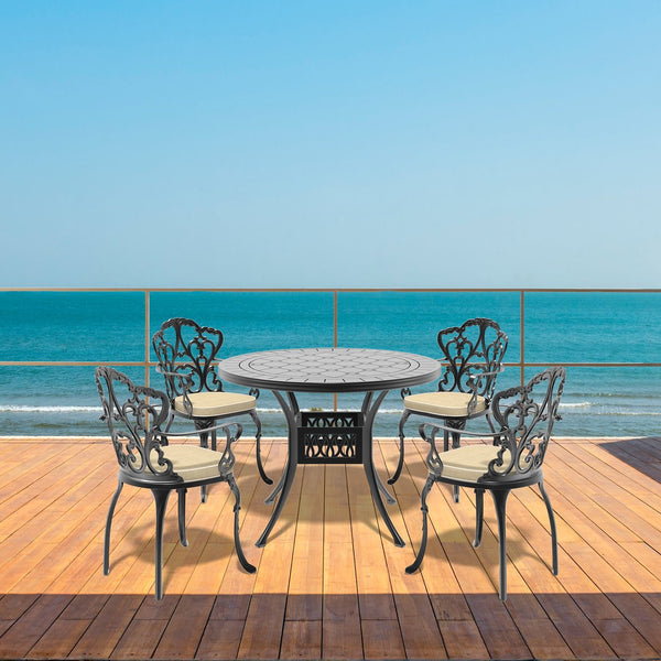 English Elm 5-Piece Elegant Cast Aluminum Patio Furniture Set With Off-White Cushions For Ultimate Comfort W1710S00072