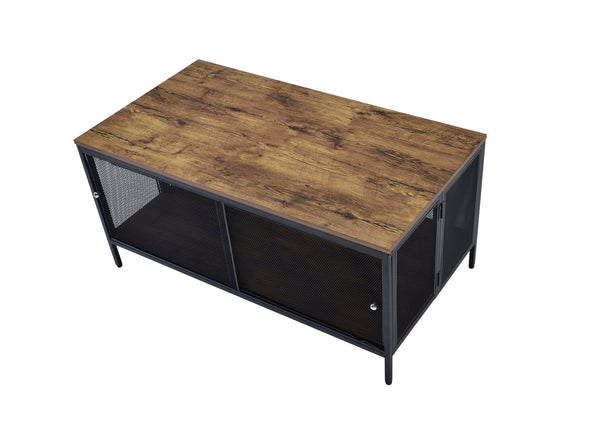 English Elm Winam Antique Oak Coffee Table with Black Metal Mesh Base, Foldable Top & 4 Sliding Doors Storage B2726P270994