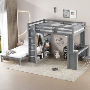 English Elm Queen Solid Wood Bunk Bed With Dismountable Twin, Desk, Shelves & Wardrobe - Modern Grey Design W1580S00215-GIGA