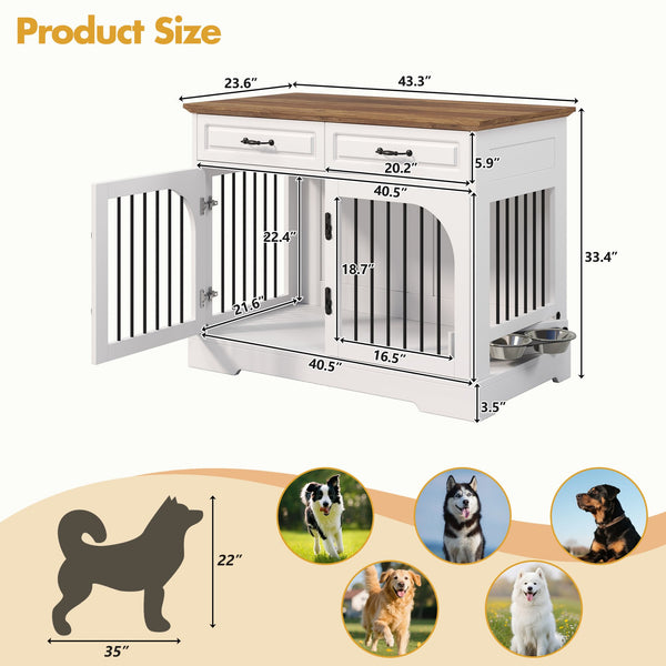 English Elm 43.3" Farmhouse Mdf Dog Crate Console with Drawers and Rotating Bowls for Large Breeds N704P414580A
