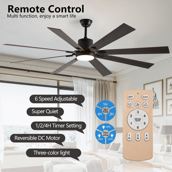 English Elm 72" Walnut LED Ceiling Fan Light with 8 Wooden Blades, Remote, Dimmable Color Temp, Quiet DC Motor Elegance W1340P244569
