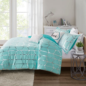 JLA Home Intelligent Design - Metallic ultra-soft microfiber comforter set with geometric silver print, antimicrobial freshness and luxe pillows Aqua/Silver ID10-1242