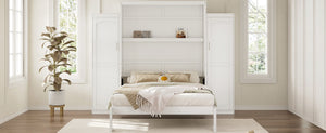English Elm Queen Murphy Bed with 2 Wardrobes & Foldable Platform, Space-Saving White Queen Bedframe 650lbs N733S339767K
